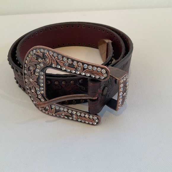 WOMENS “ANGEL RANCH” WESTERN COWGIRL TOOLED BLING STUDDED COPPER BUCKLE BELT main image 5